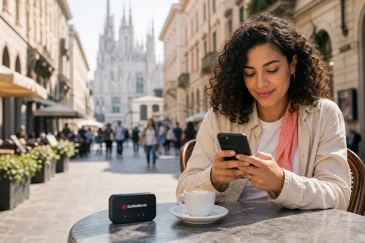 Boîtier pocket wifi sur une table de café en terrasse en Italie.