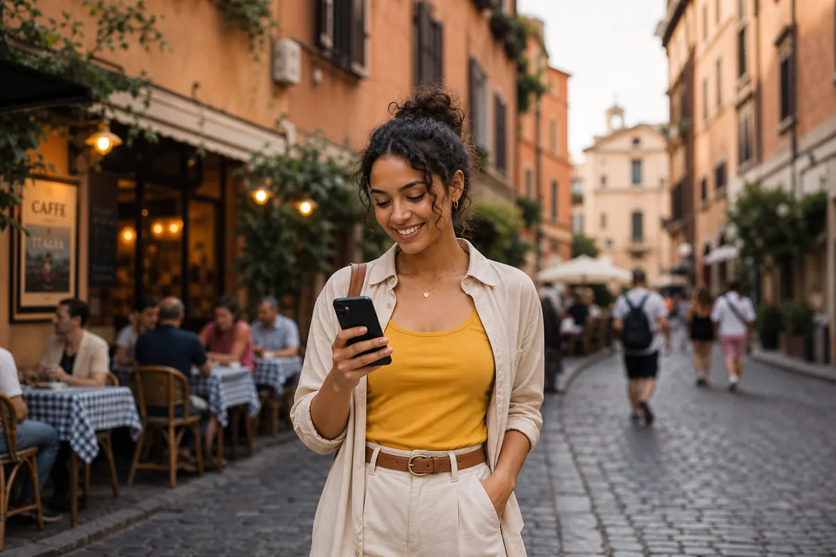 Voyageur détendu utilisant son smartphone en Italie grâce à l'eSIM