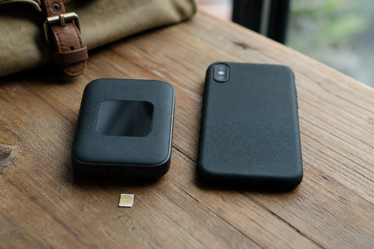 Personne utilisant son smartphone avec une connexion eSIM sécurisée en voyage.