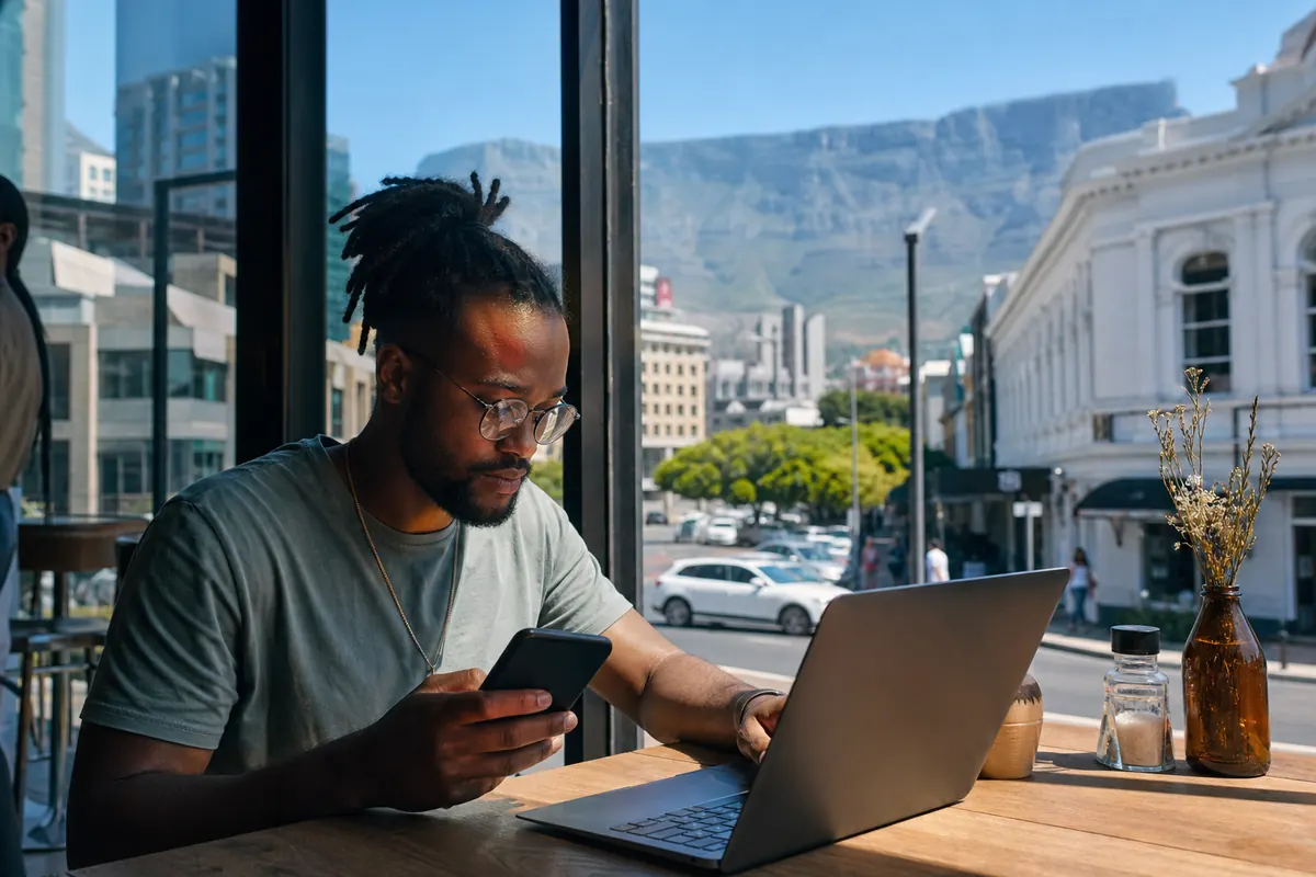 Digital nomad working on computer and smartphone at a cafe in Johannesburg.