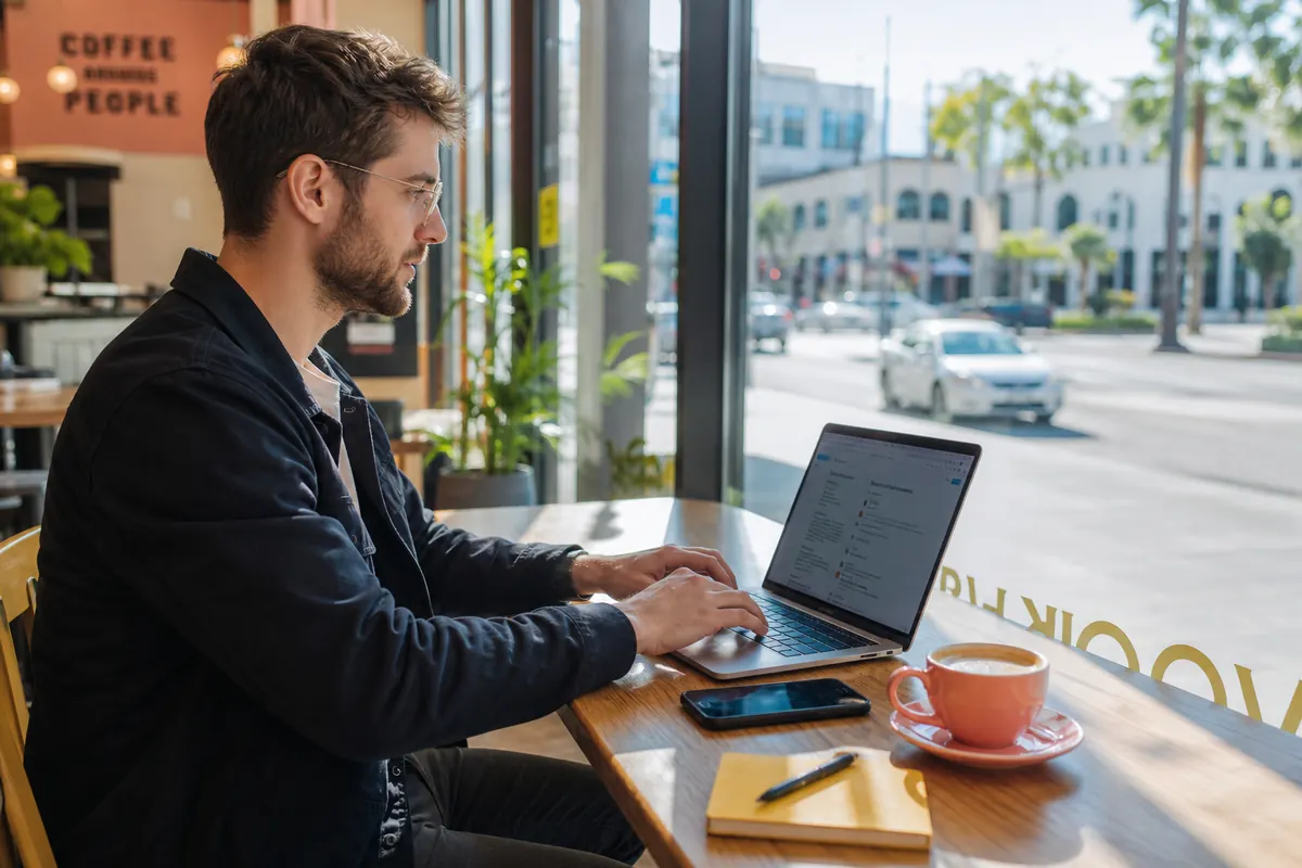 Smartphone set to mobile hotspot mode placed next to a laptop during a remote work session.
