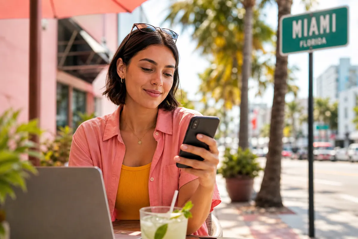Smiling female traveler using her smartphone to connect to internet on a sunny street in the United States.