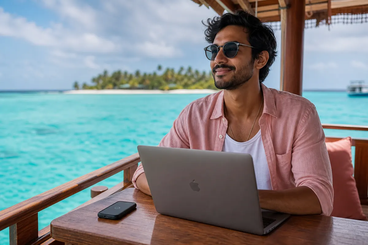 Digital nomad working on a boat in the Maldives with eSIM connection