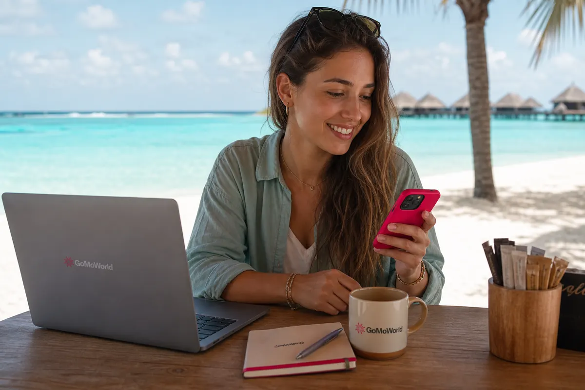 Digital nomad working remotely connected on a smartphone in the Maldives