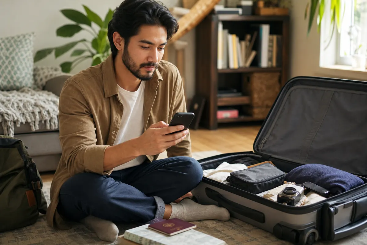 Relaxed female traveler manually activating her data plan on her smartphone