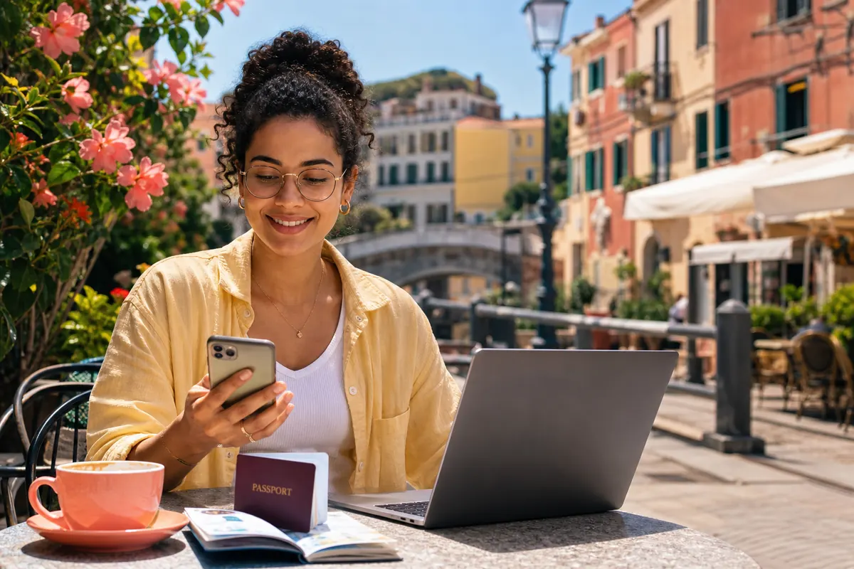 Nomade digital travaillant à l'étranger avec smartphone et passeport sur table