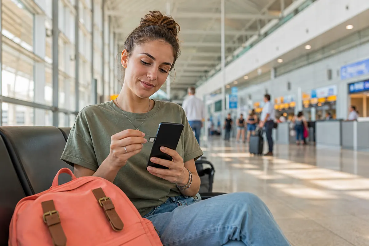 Voyageur insérant une carte SIM physique dans son smartphone à l'aéroport.