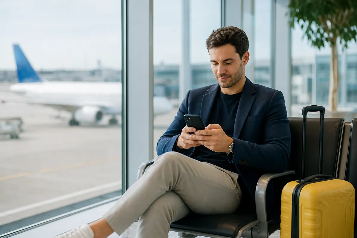 Voyageur d'affaires utilisant une eSIM sur son smartphone pendant une escale.