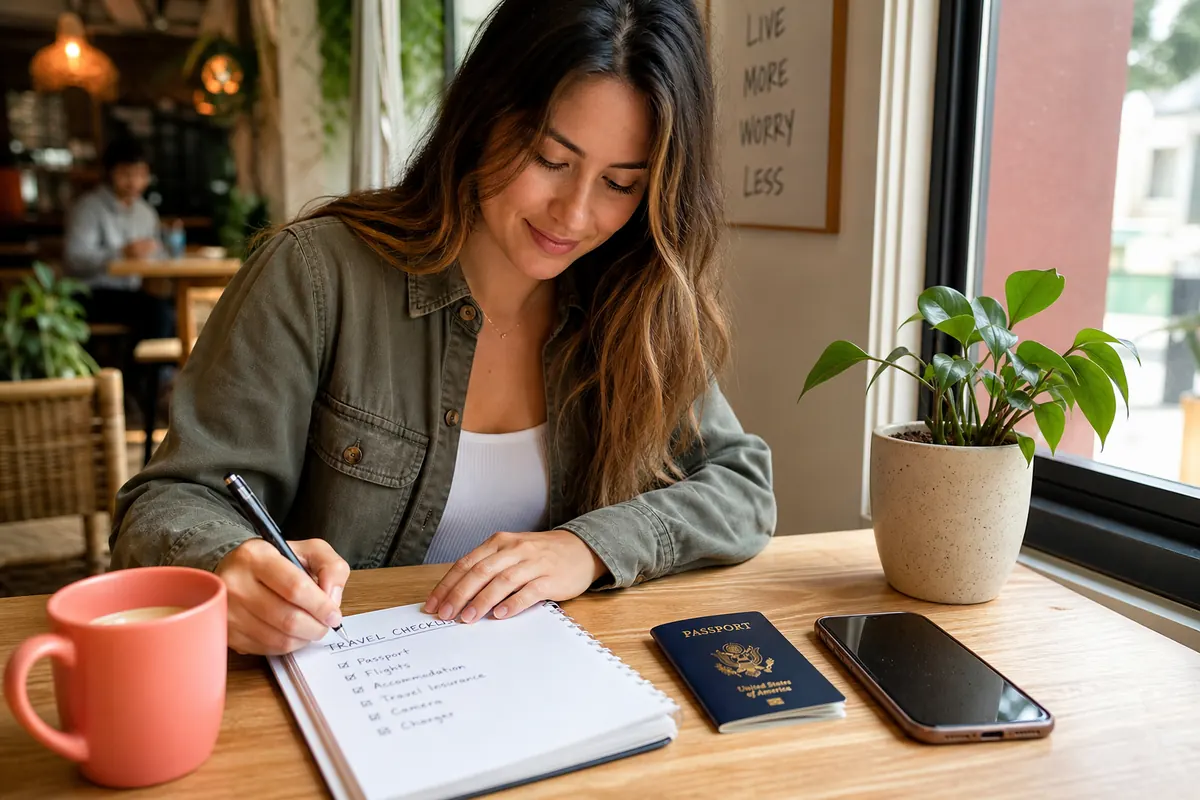 Voyageur préparant sa checklist de connectivité avec passeport et smartphone.