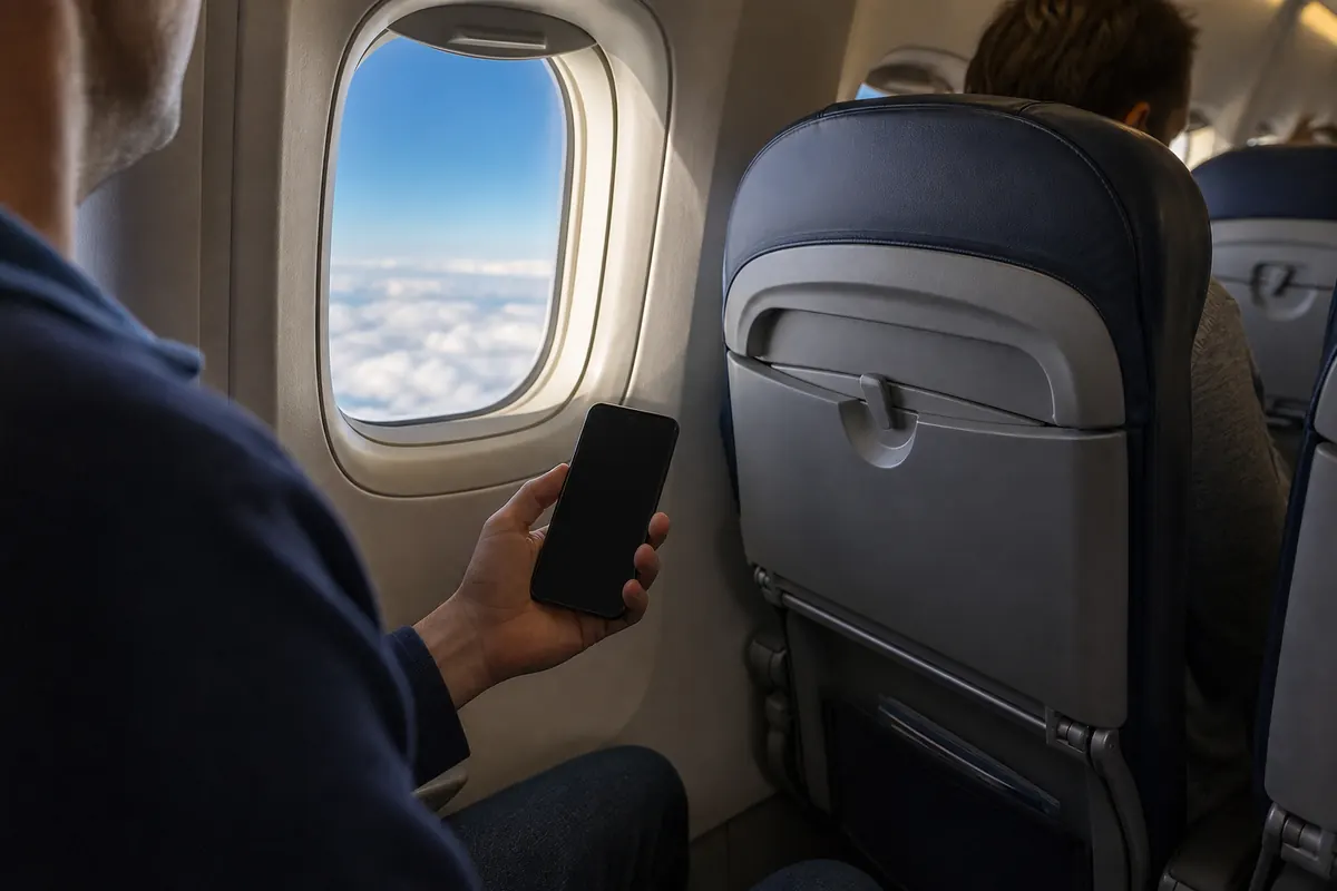 Traveler on a layover checking their smartphone in an international airport.