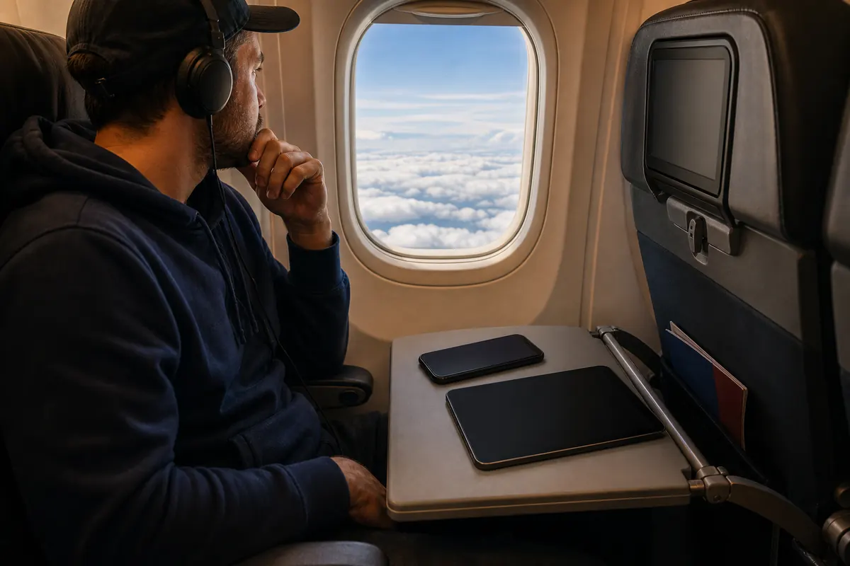 Relaxed traveler using their smartphone at the airport after landing.