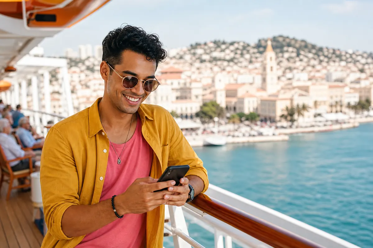 Passager de croisière utilisant une eSIM sur son smartphone au port.