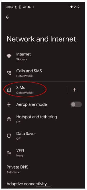 Tap Network and Internet settings and selects SIMs