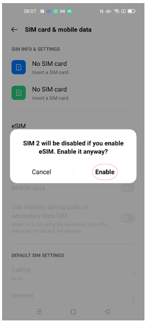 SIM card and mobile data enable